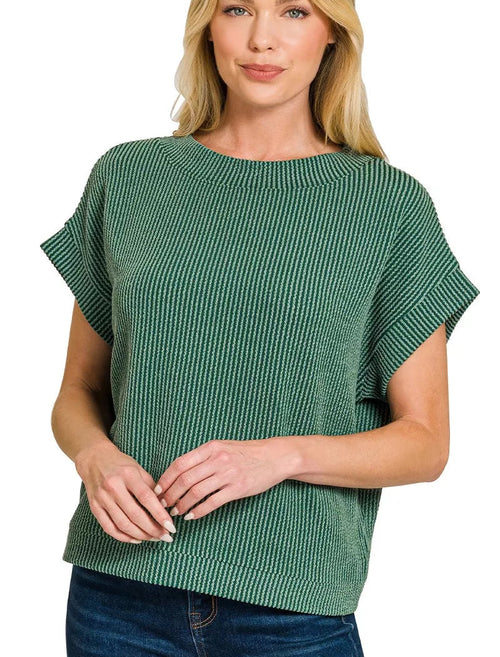 Zenana Raised Rib Cap Sleeve Top in Hunter Green with Subtle Stripes