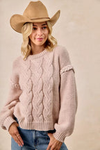 BiBi Sweater Cable Knit Womens Mocha Pullover with Shoulder Braid Detail 6320e1f6fb8c47b5b76d51362f8e2a35-Max-Origin Trendsi