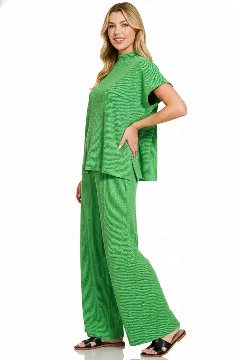 Zenana Outfit Set Green Raised Rib Short Sleeve Top Tee & Pants 63213d46-b1aa-43e1-b1c3-cf603e1b6afe-Max-Origin Trendsi