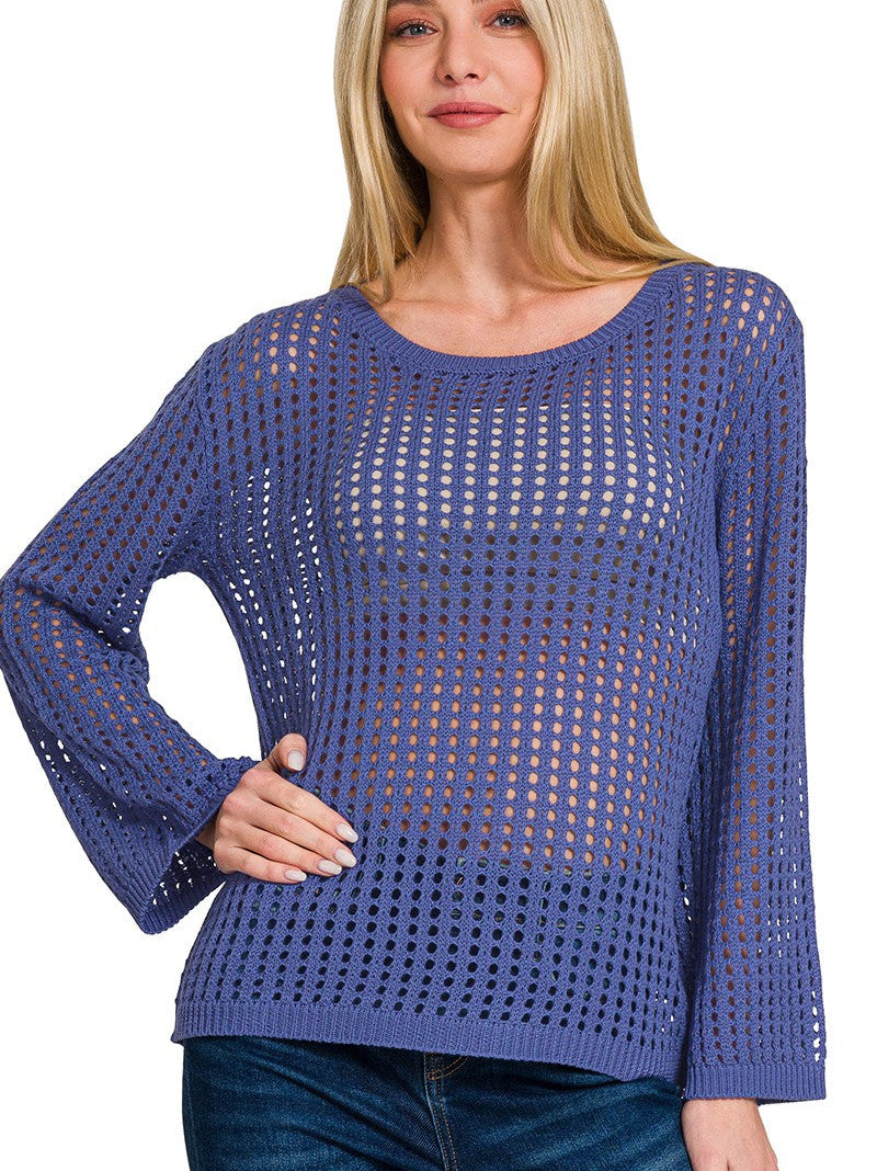 Zenana Hollow-Out Long Sleeve Sweater with Open Knit Design