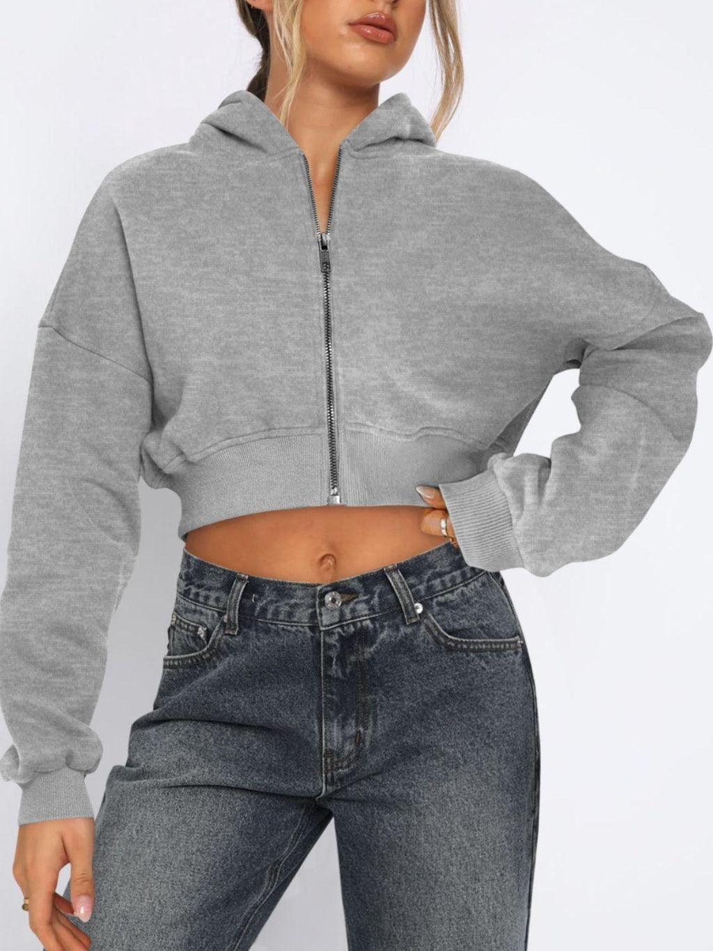 Cropped Jacket Viscose Zip Up Long Sleeve Hooded Outwear Gray 63290121-3765-438d-a1be-e54aea06ee23-Max Trendsi