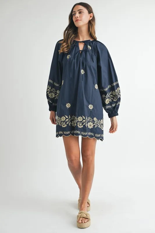 MABLE Mini Dress Navy Floral Embroidered Long Sleeve Peasant Tied 632a3ff8b5dd425b84c092a8f93e4c05-Max-Origin Trendsi