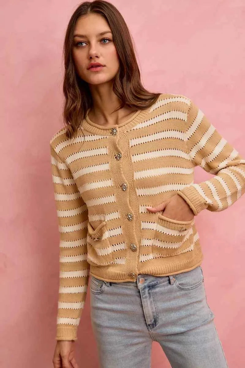 SO ME Women Sweater Cardigan Stripe White Beige Long Sleeves Buttoned 632c60d87df040cf82eda2b6ef55541f-Max-Origin Trendsi