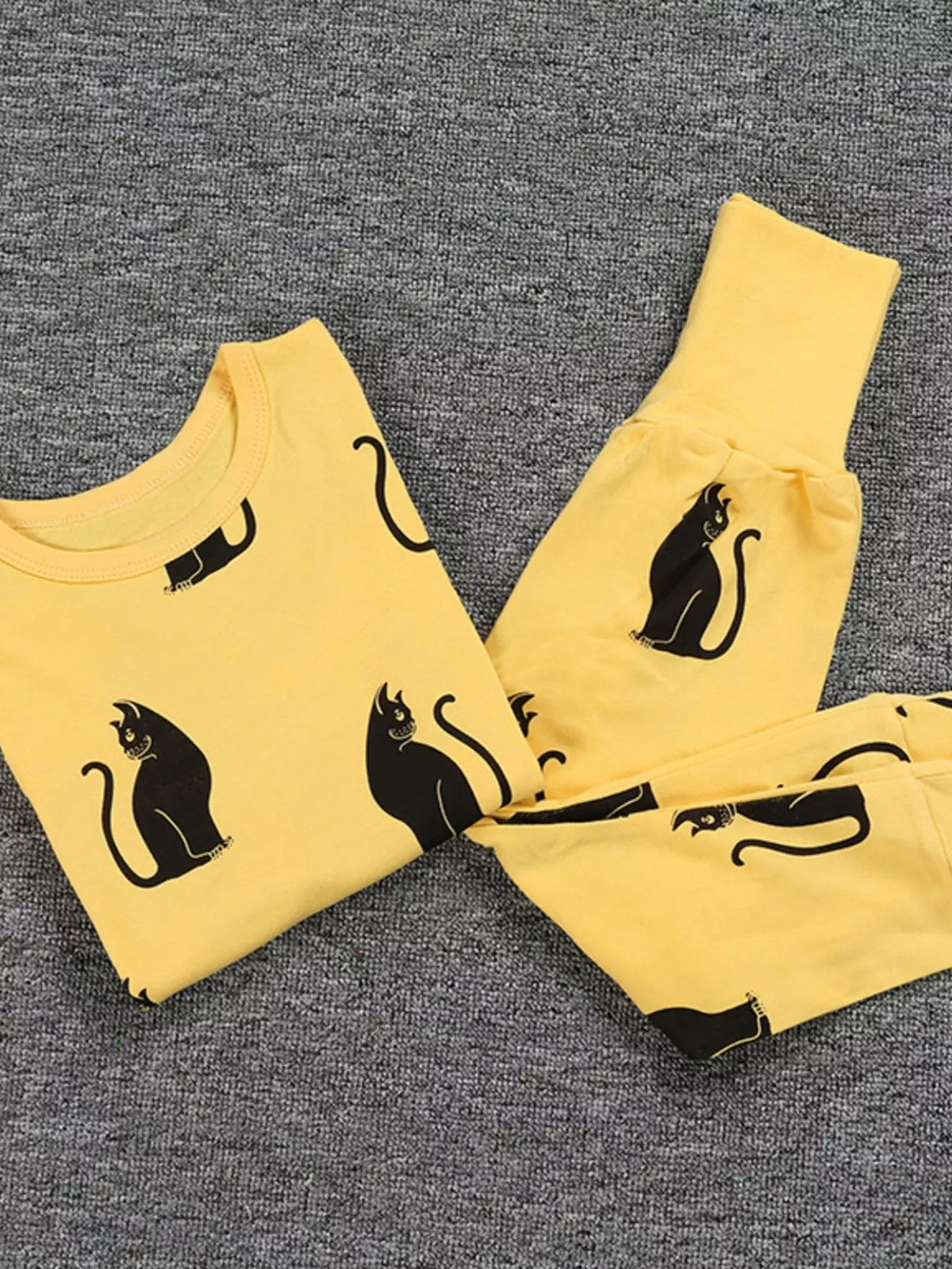 Children's Set Top and Pants Cute Cat Print Long Sleeve Yellow 2 Pcs