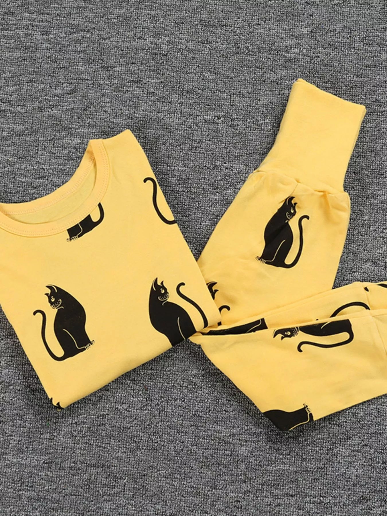 Children's Set Top and Pants Cute Cat Print Long Sleeve Yellow 2 Pcs