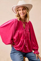 BiBi Womens Blouse Christmas Theme Velvet Bow Tied Ruffled Top 6337d9a7a9874d91b0f9ac7b9afc580e-Max-Origin Trendsi