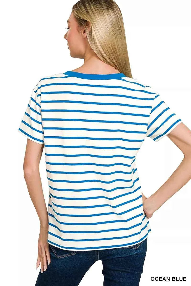 Zenana Striped V-Neck Short Sleeve T-Shirt