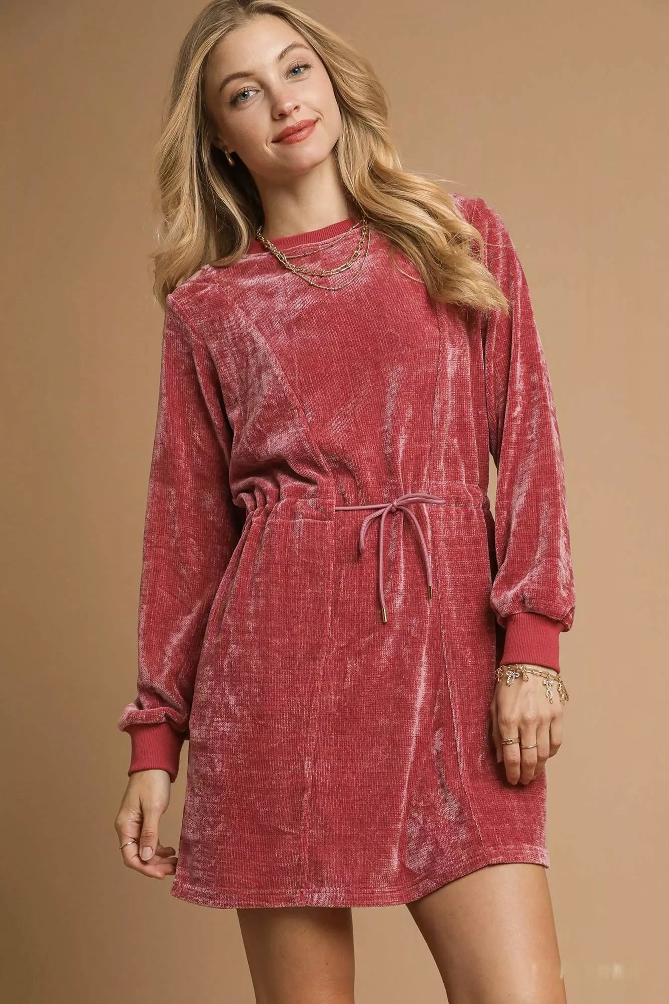 Umgee Mini Dress Velour Burgundy Long Sleeves Drawstring Waist BURGUNDY 633a8bb2-c1f6-4d2b-b543-465aeca1e0bd-Max-Origin Trendsi