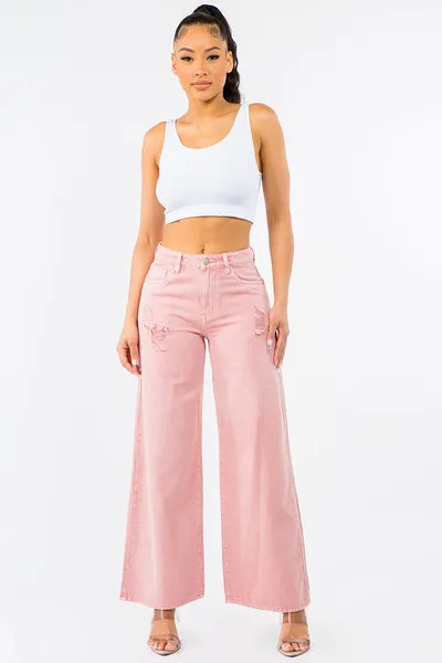 American Bazi Pink Wide Leg Jeans Women's High Waist Distressed Denim Pants 633d1841-3ef3-47d4-ad55-c81b7bef4e04-Min Trendsi