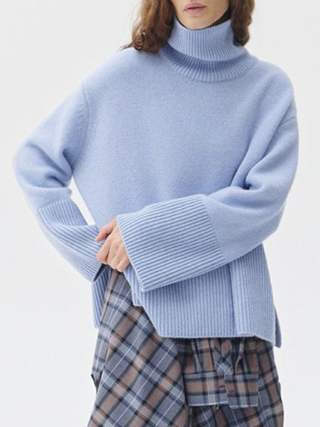 Women Sweater Side Slit Turtleneck Drop Shoulder Long Sleeve Soft Pullover Light Blue One Size 633dc1c7-a79b-4256-bd07-b45d12621154-Max Trendsi