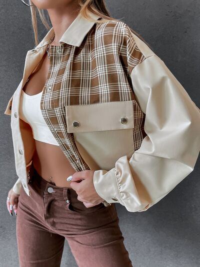 Plaid Wome's Jacket Cropped Color Block Beige Snap Down Flap Pockets Long Sleeve Beige 6340a069-4ebc-456b-945f-f2d06cff6208-Min Trendsi