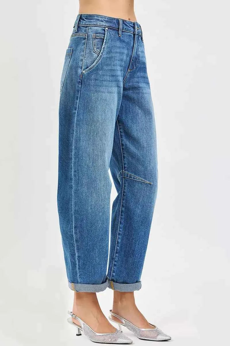 RISEN Cropped Barrel Jeans Slouchy With Cuffed Hem Medium Wash 634a6ef020674ca9986a1611d72e1a53-Max-Origin Trendsi