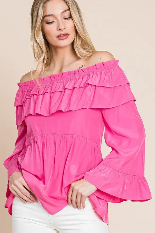 Lime 'N' Chili Ruffled Top Fuchsia Pink Trumpet Sleeve Off-The-Shoulder Blouse 63528ea6b77340958545ebadf5677ef7-Max-Origin Trendsi