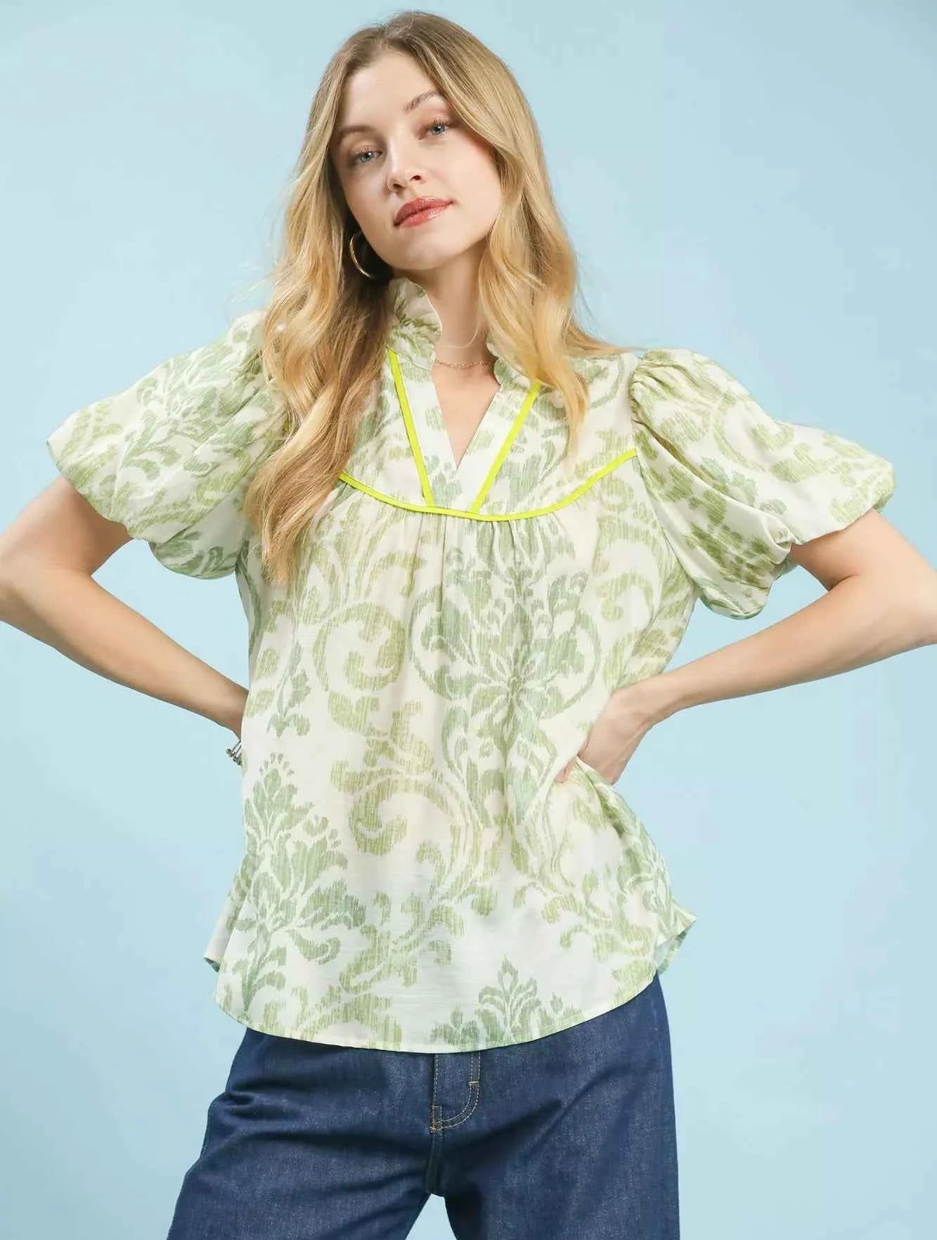Umgee Blouse Sage Green Damask Puff Short Sleeve Ruffled Top SAGE 6355bf10-0d78-4aa3-a199-7da8f19d55d1-Max-Origin Trendsi