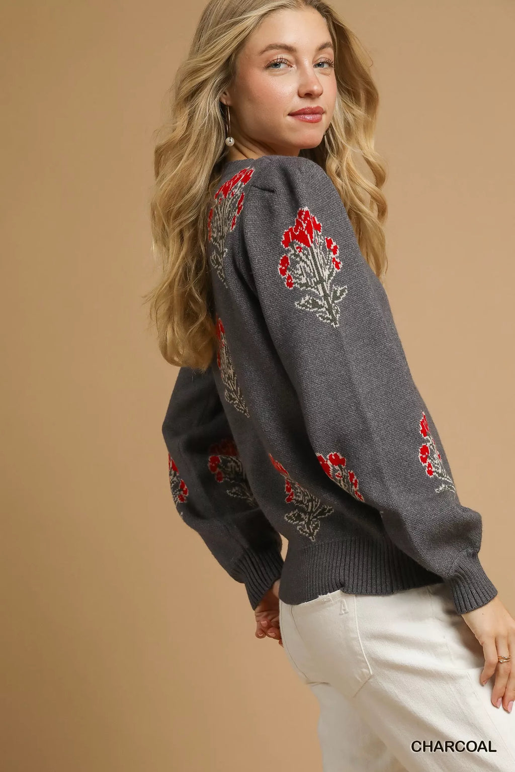Umgee Womens Sweater Jacquard Gray Single Flower Stem Knit Pullover 6357ed19-2beb-4ace-b2be-2557f9c5b7b8-Max-Origin Trendsi
