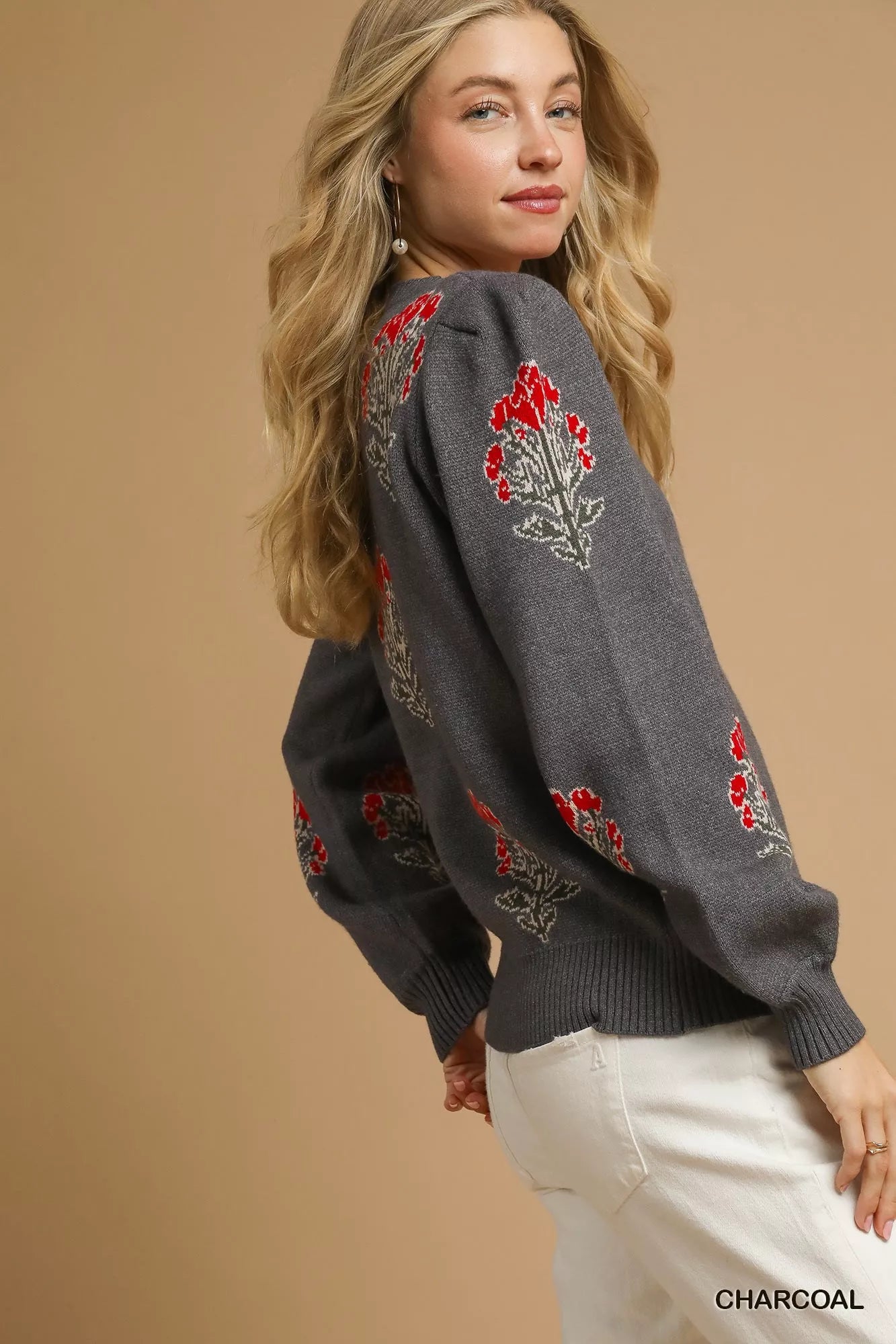 Umgee Womens Sweater Jacquard Gray Single Flower Stem Knit Pullover 6357ed19-2beb-4ace-b2be-2557f9c5b7b8-Max-Origin Trendsi