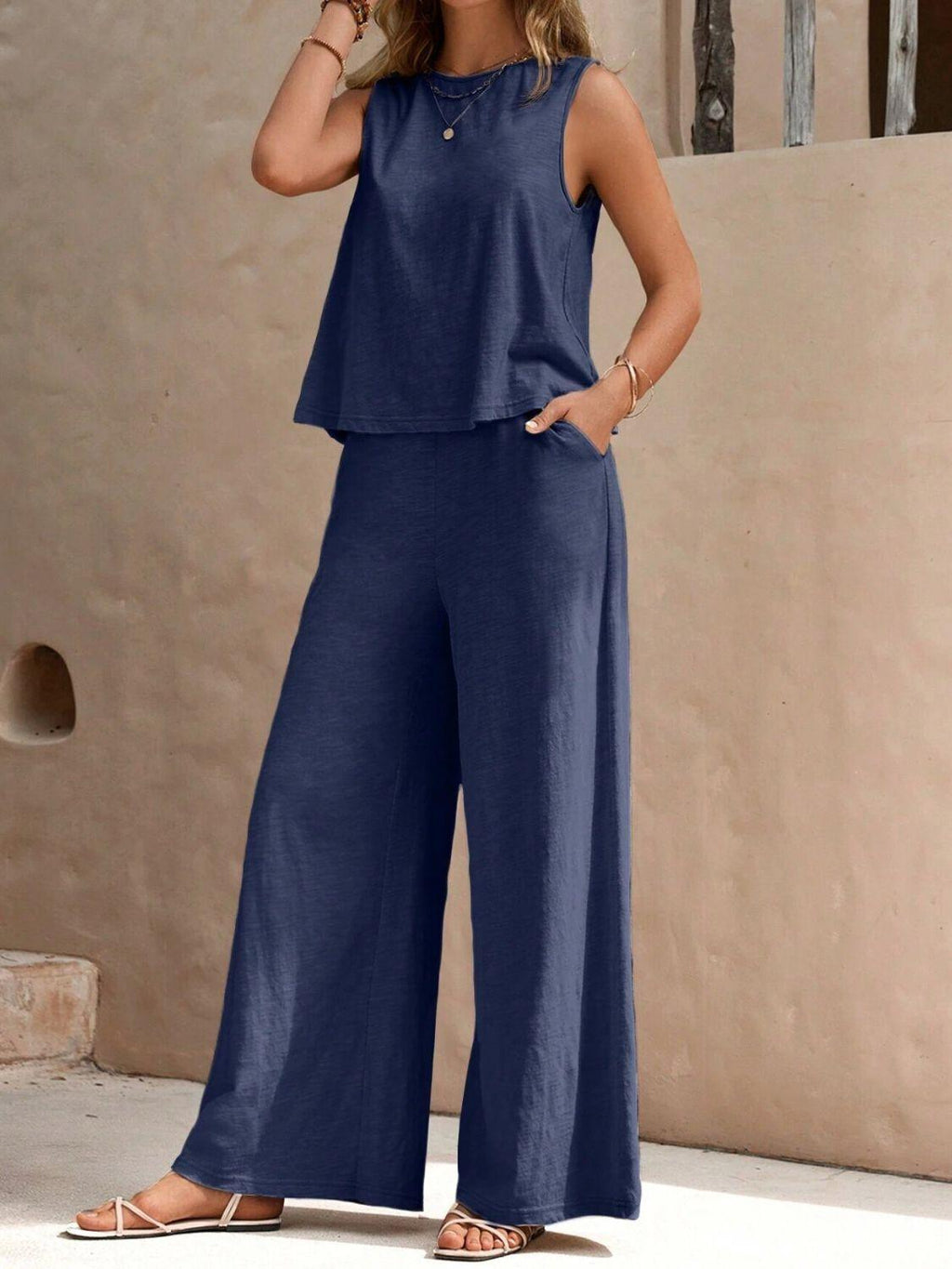 Outfit Set 2 Pcs Women's Round Neck Sleeveless Top and Wide Leg Pants Set Dusty Blue 63580865-fcf5-402c-ad14-21cc4d0f31ef-Max_84ee6ac5-4f1e-4369-b362-d76448dcfee0 STYLEINGER