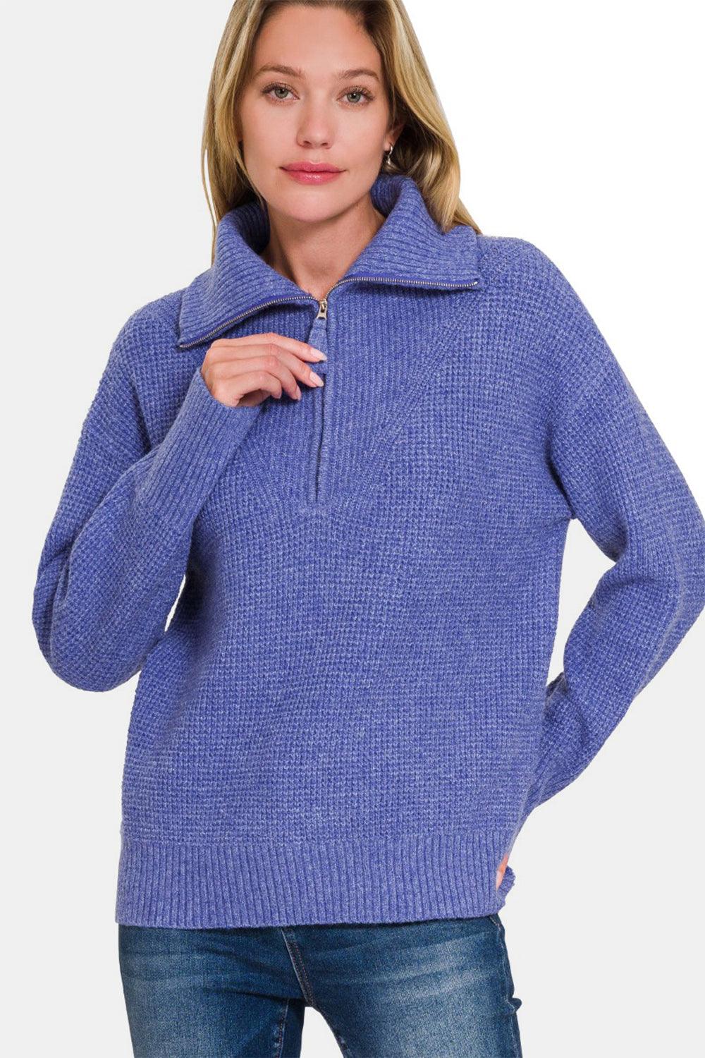 Zenana Sweater Women Marlin Blue Half Zip Long Sleeve Basic Pullover