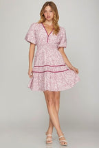 She+Sky Mini Dress Berry Floral Printed V Neck Puff Short Sleeve Tiered Plus Siz BERRY 6367c584-0ba1-4e98-a506-4033f4772551-Min Trendsi