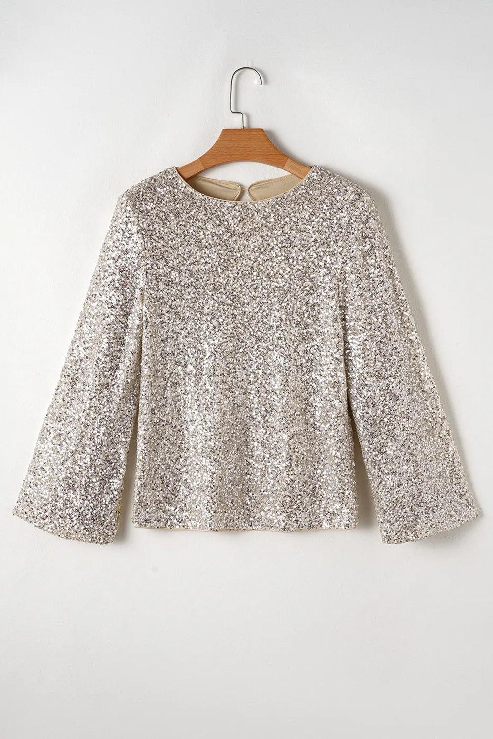 Cutout Blouse Sequin Round Neck Long Sleeve Party Tops 6367ea6a-3b6a-4623-9914-c4a0e4d6efcd-Max Trendsi