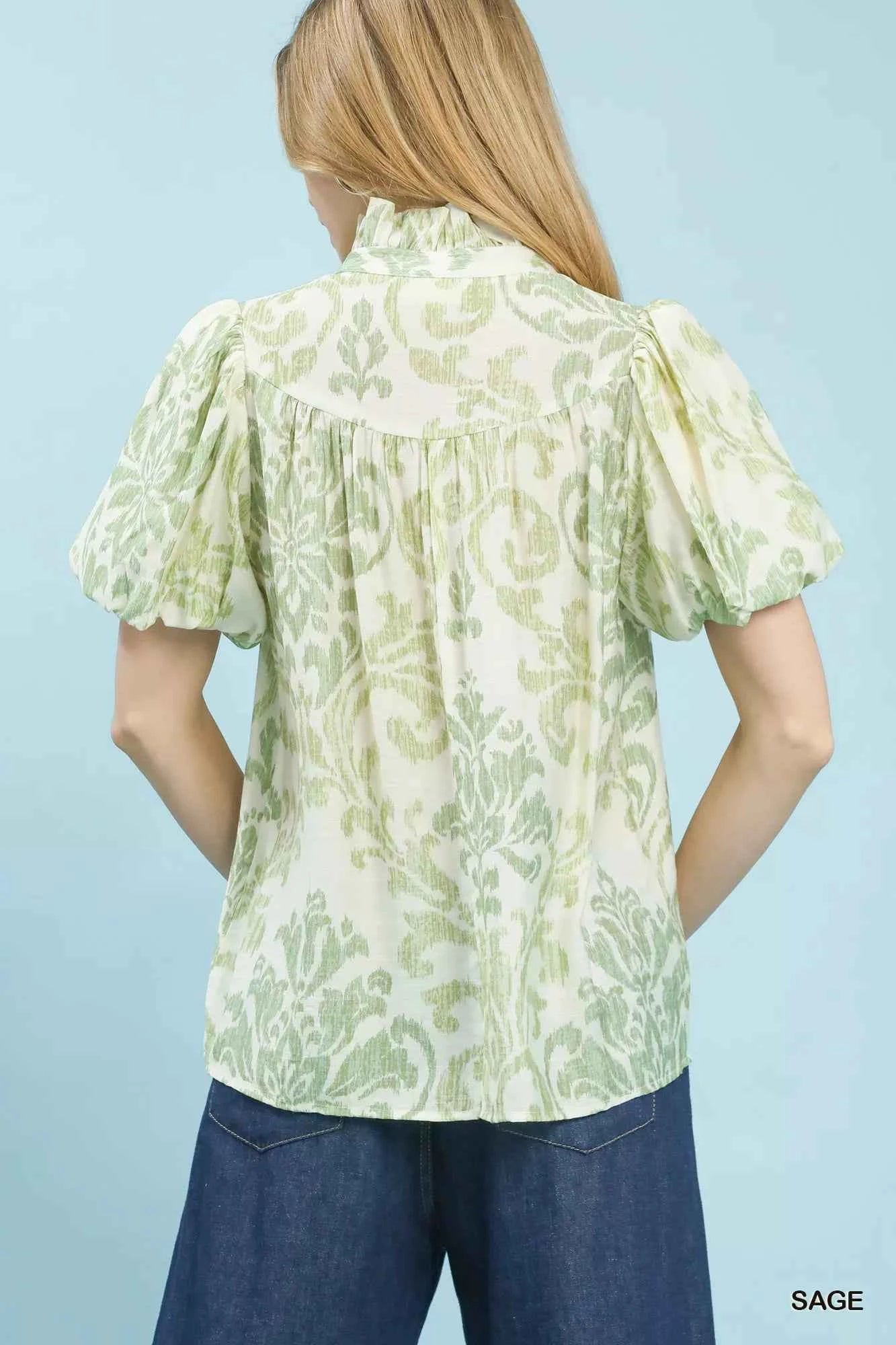 Umgee Blouse Sage Green Damask Puff Short Sleeve Ruffled Top 636ecb43-4de8-454e-8b5f-0db03961fa3e-Max-Origin Trendsi