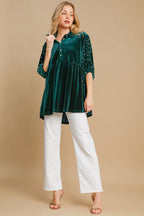 Umgee USA Pearl Babydoll Blouse Green Women Half Sleeve Velvet Ruffle Top 6372bf0a-042c-4db9-96c5-c403aa0dbc66-Max Trendsi