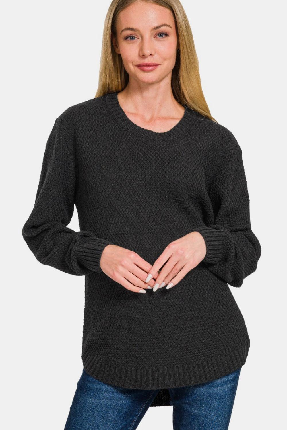 Zenana Sweater Round Neck Long Sleeve Curved Hem Black 6376f016-1fa3-45d0-b867-1eb1bfc2c268-Max Trendsi