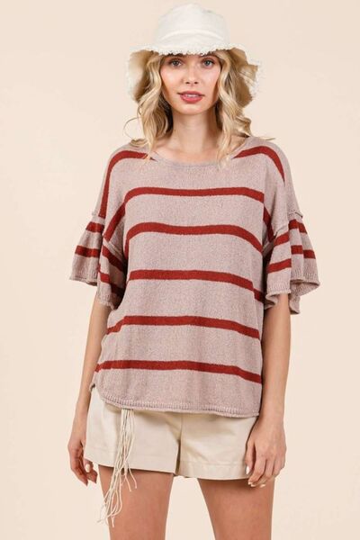 Mittoshop Striped Knit Top Flounce Sleeve Short Sleeve Blouse 638f8cbb-c298-428d-9028-5d0c65e1564c-Min Trendsi