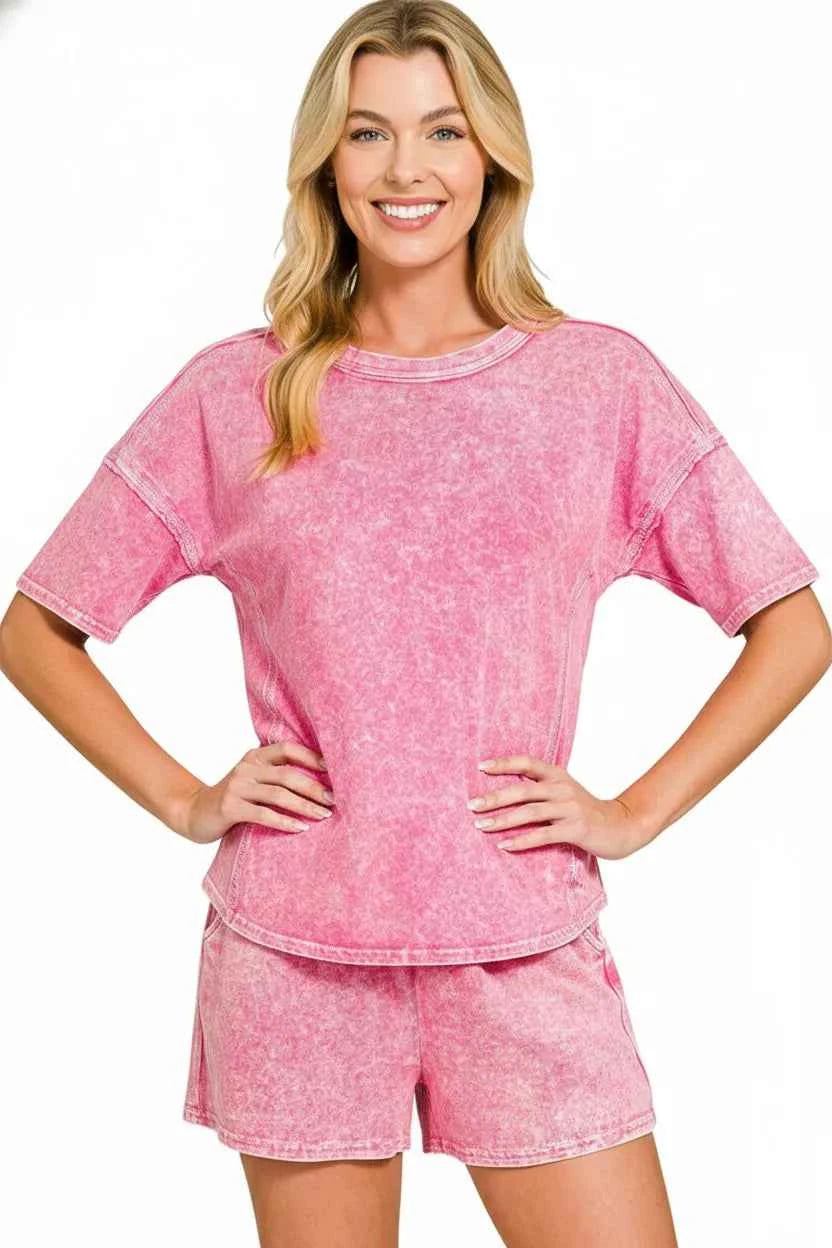 Zenana Outfit Set Hot Pink Halo Snow Washed Short Sleeve Tee and Shorts 63938c66-bdce-4430-b237-97db406e23c1-Max-Origin Trendsi