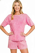 Zenana Outfit Set Hot Pink Halo Snow Washed Short Sleeve Tee and Shorts 63938c66-bdce-4430-b237-97db406e23c1-Max-Origin Trendsi