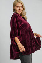 Umgee Shirt Blouse Women Burgundy Velvet Polka Dot Button Up Half Sleeve 63948b50-cbaf-4049-ac26-9687b5b90dfd-Max Trendsi