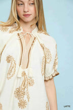 Umgee Blouse Paisley Embroidered Latte Short Puff Sleeve Top 63988a8d-af9b-4eed-9201-7158b429d461-Max-Origin Trendsi
