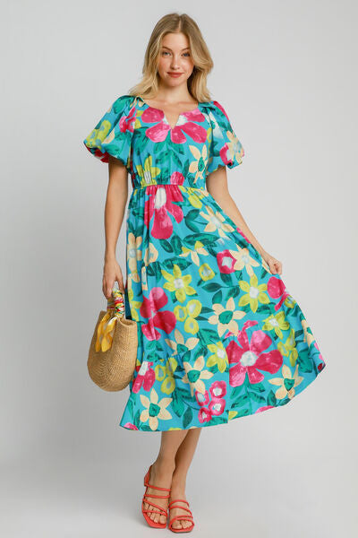Umgee Midi Dress Plus Size Tiered Floral Print with Puff Short Sleeves AZUREMIX 6398f335-1820-401a-b566-ec5565d2326f-Min Trendsi
