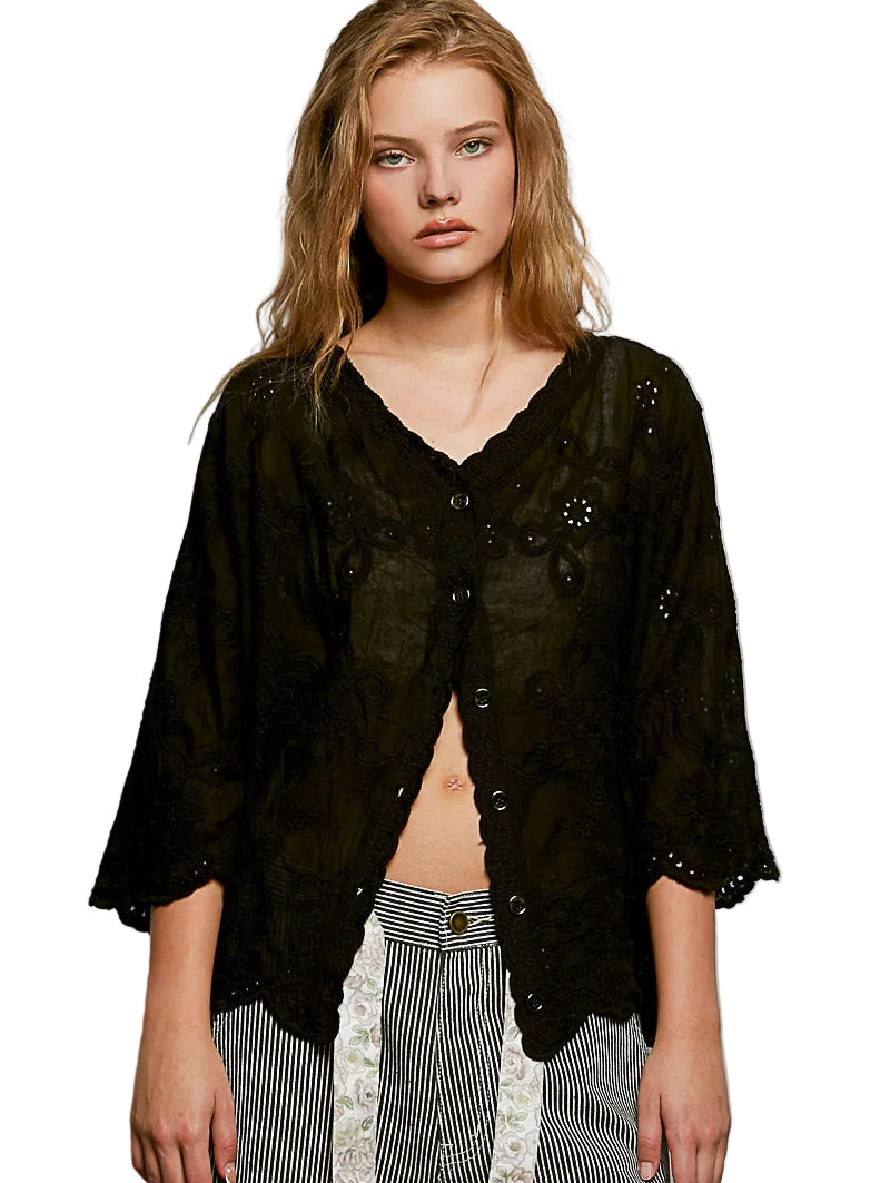 POL Floral Eyelet V‑Neck Scalloped Black Shirt Women’s Casual Boho Top
