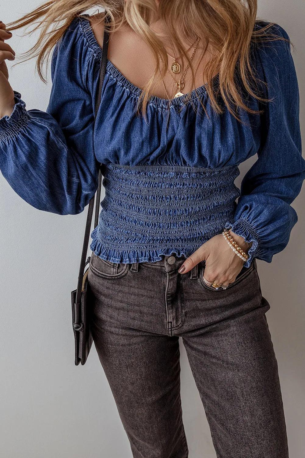 Denim Top Smocked Long Sleeve Elastic Waist 63a81da0-7686-420e-9f30-931433c44462-Max Trendsi