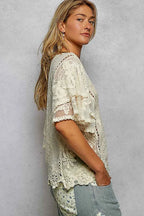 POL Floral Crochet V-Neck Short Sleeve Blouse with Scalloped Hem