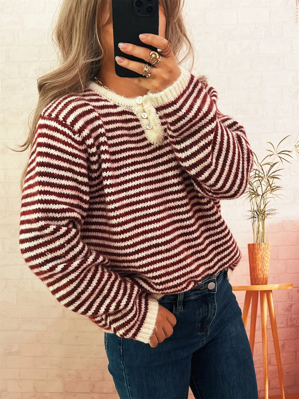 Women's Sweater Striped Button Detail Long Sleeve Pullover 63b6eb68f75749be8d73ef6b857b5f3b-Max-Origin Trendsi