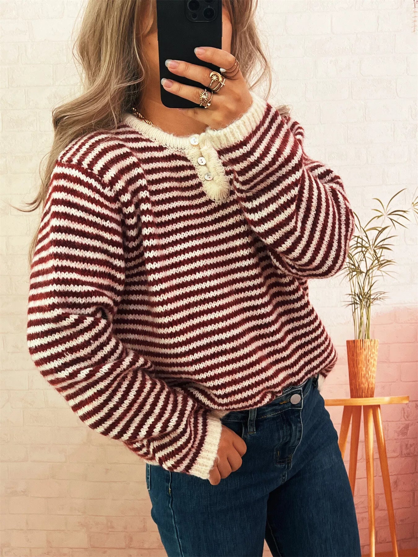 Women's Sweater Striped Button Detail Long Sleeve Pullover 63b6eb68f75749be8d73ef6b857b5f3b-Max-Origin Trendsi