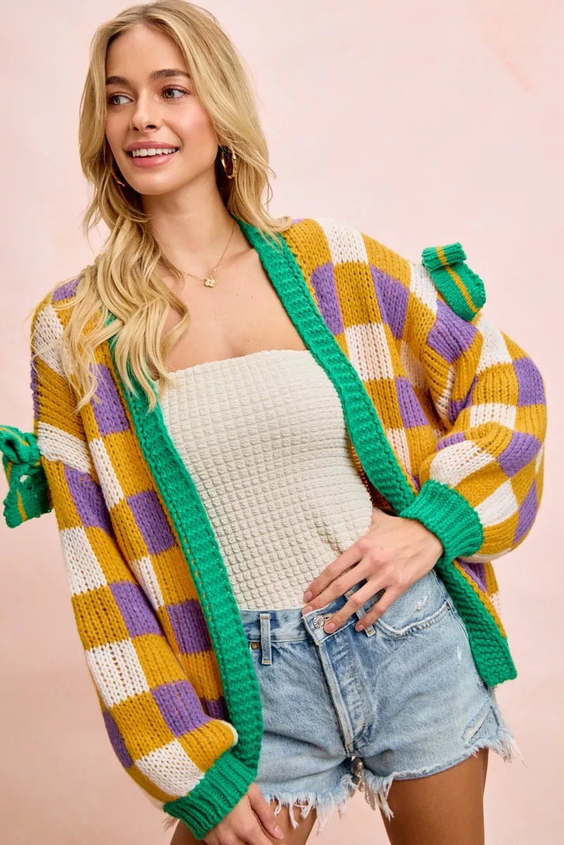 BiBi Women Cardigan Mardigras Checker Board Front Open Bow Sleeves 63b8360b9a3048ce8ffe98e31cd7deca-Max-Origin Trendsi