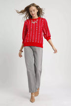 Umgee Women's Sweater Red Jacquard Knit Puff 3/4 Sleeve Pullover 63be0c09-9fb1-475a-9b4d-0c12bafee797-Max-Origin Trendsi