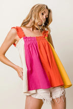 BiBi Top Frill Shoulder Strap Color Block Bodice Babydoll Blouse Fuchsia Coral 63c6a2cd45a042f69afbd606c4c867cf-Max-Origin Trendsi