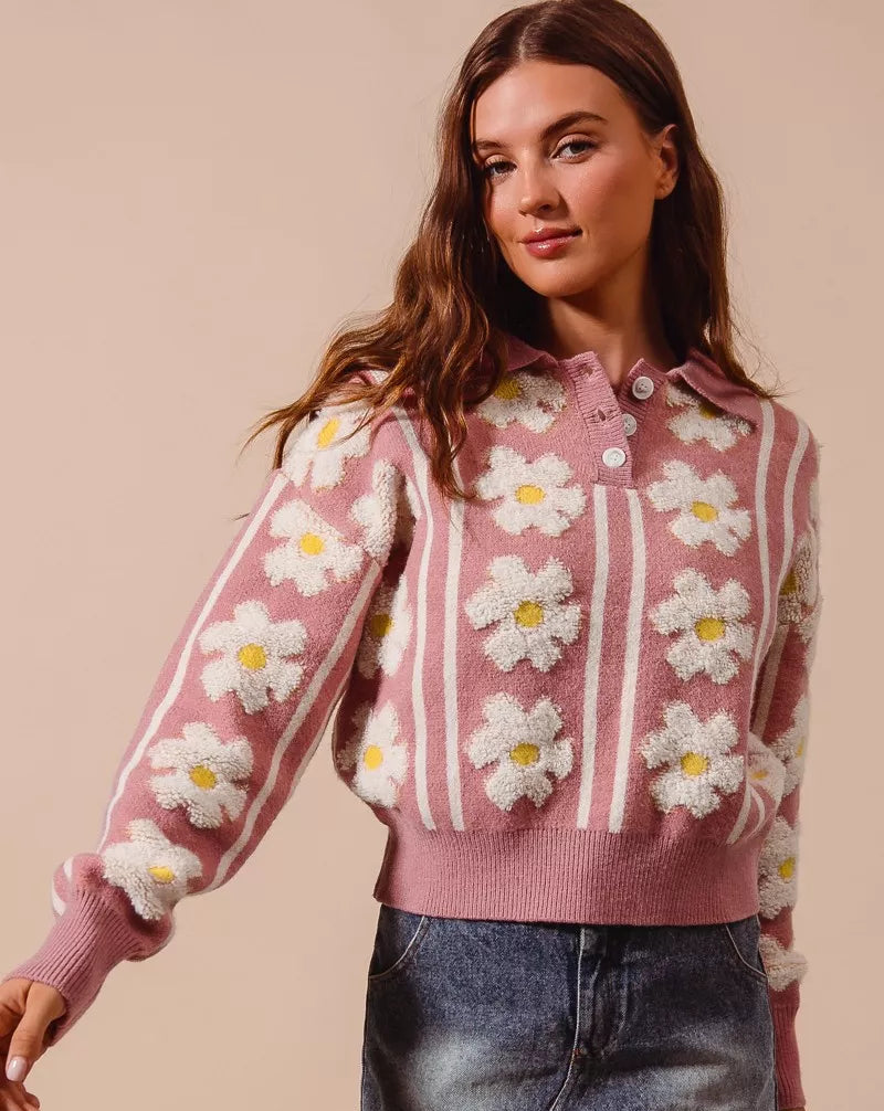 SO ME Women's Sweater Floral Stripe Mauve Ivory Polo Collar Pullover MAUVE IVORY 63d175ea-1d5c-404f-bdf5-f23214771a0c-Max-Origin Trendsi