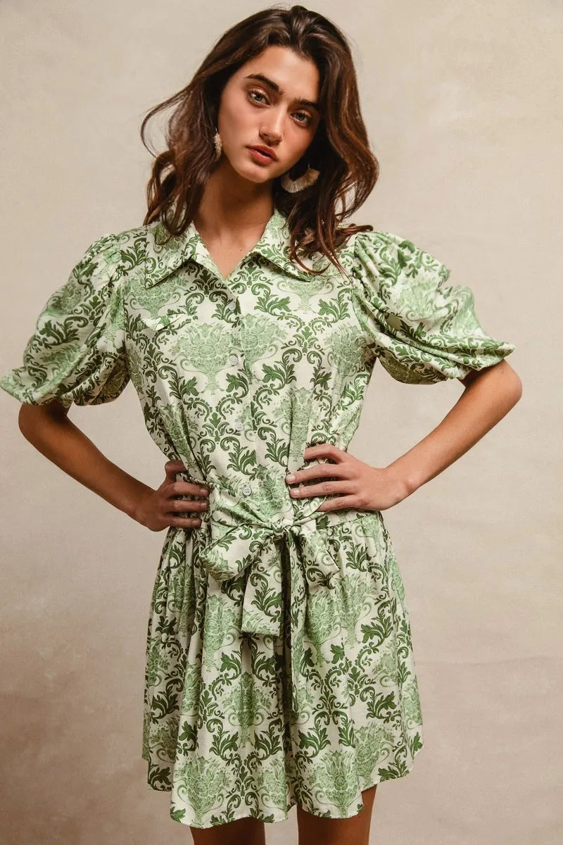 BiBi Mini Shirt Dress Green Cream Floral Bow Tied Belt Short Sleeve 63de1360904948dda208e34f10089959-Max-Origin Trendsi