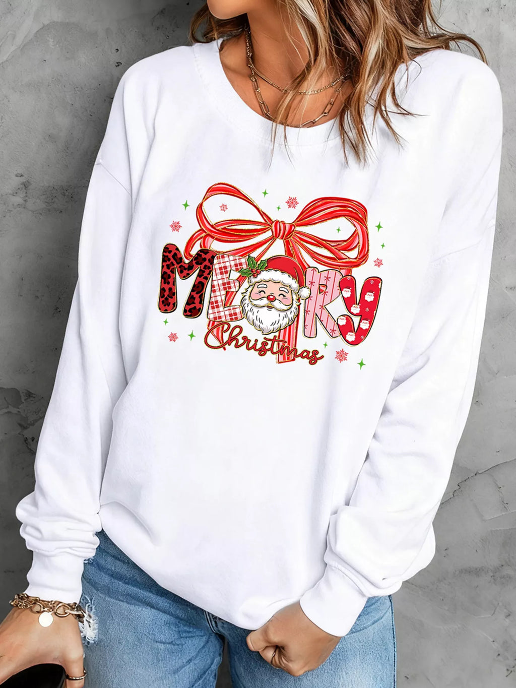 Merry Christmas Women's Sweatshirt White Graphic Long Sleeve Top 63ded471f05143d9b3fa917ce9584105-Max-Origin Trendsi