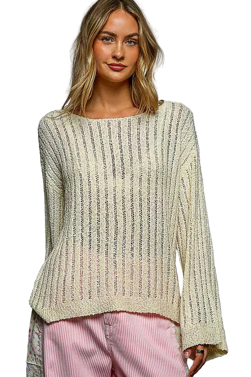 POL Round Neck Long Sleeve Open Weave Sweater