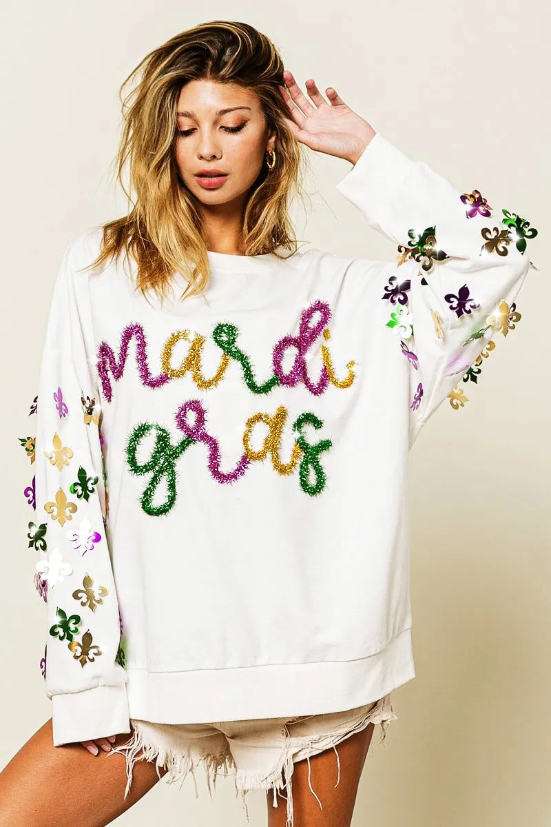 BiBi Womens Pullover Off White Fleur De Lis Sleeve Mardi Gras OFF WHITE 63ef11b187b04c40ab153fde3a089eef-Max-Origin Trendsi