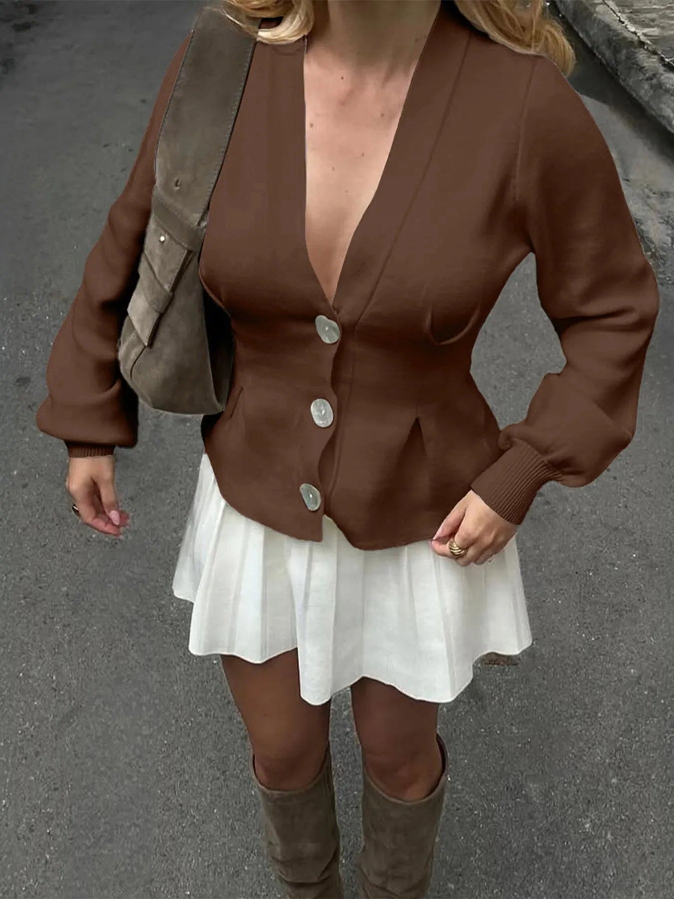 Women's Cardigan Knit Ruffled V-Neck Button-Up Long Sleeve 63f6b269-872f-43b2-99ff-3dcd264bb6e3-Max-Origin Trendsi