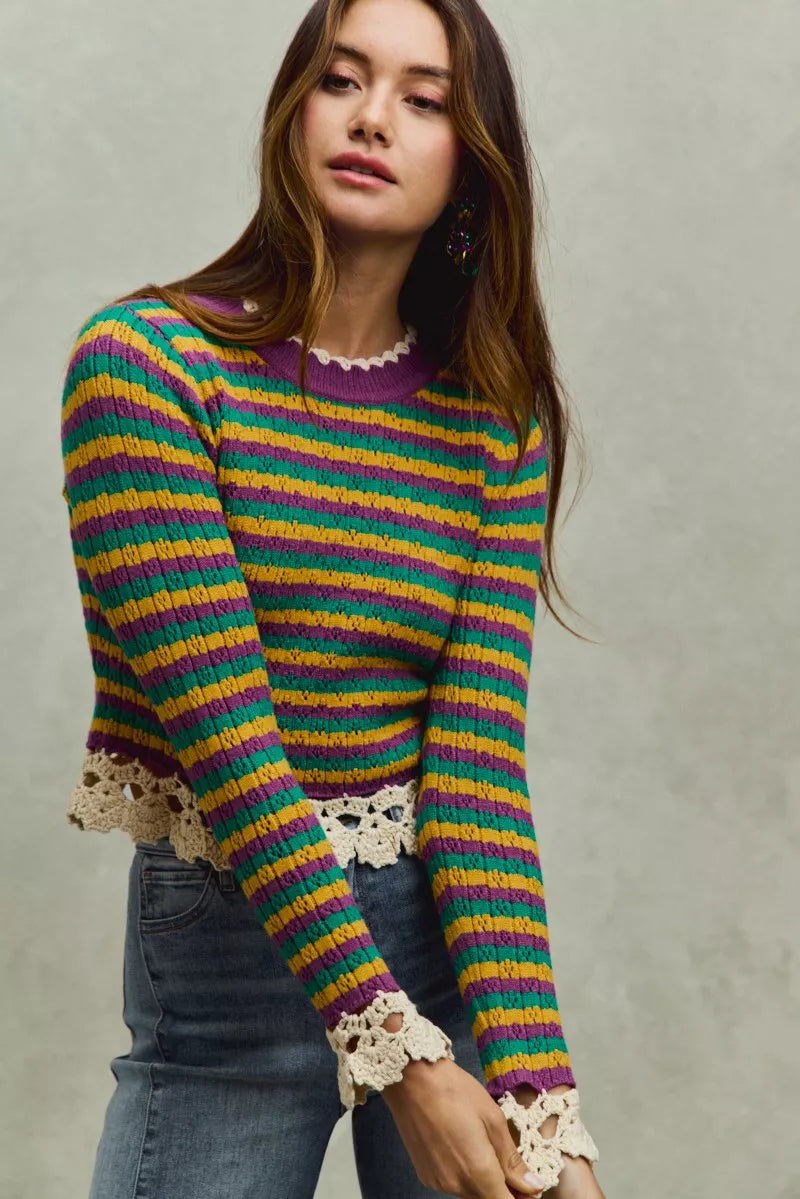 SO ME Mardi Gras Striped Cropped Knit Top with Crochet Edge 64030fddcff34a22bbc50c78c056cdf8-Max-Origin Trendsi