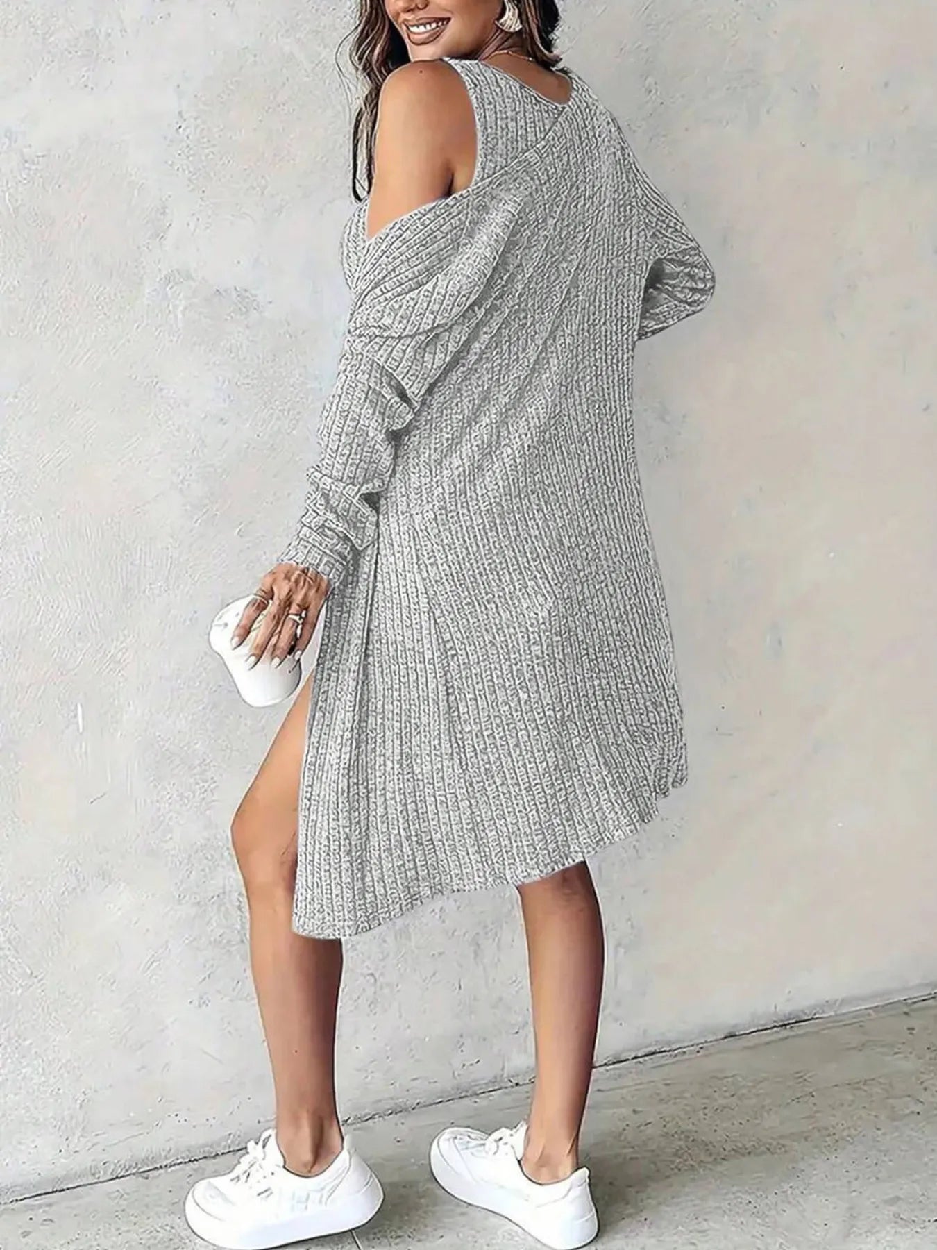 Women's Sweater Set Ribbed Knit Tank Dress Button Front and Cardigan 6407c59183fd4b10a57a26062386a929-Max-Origin Trendsi