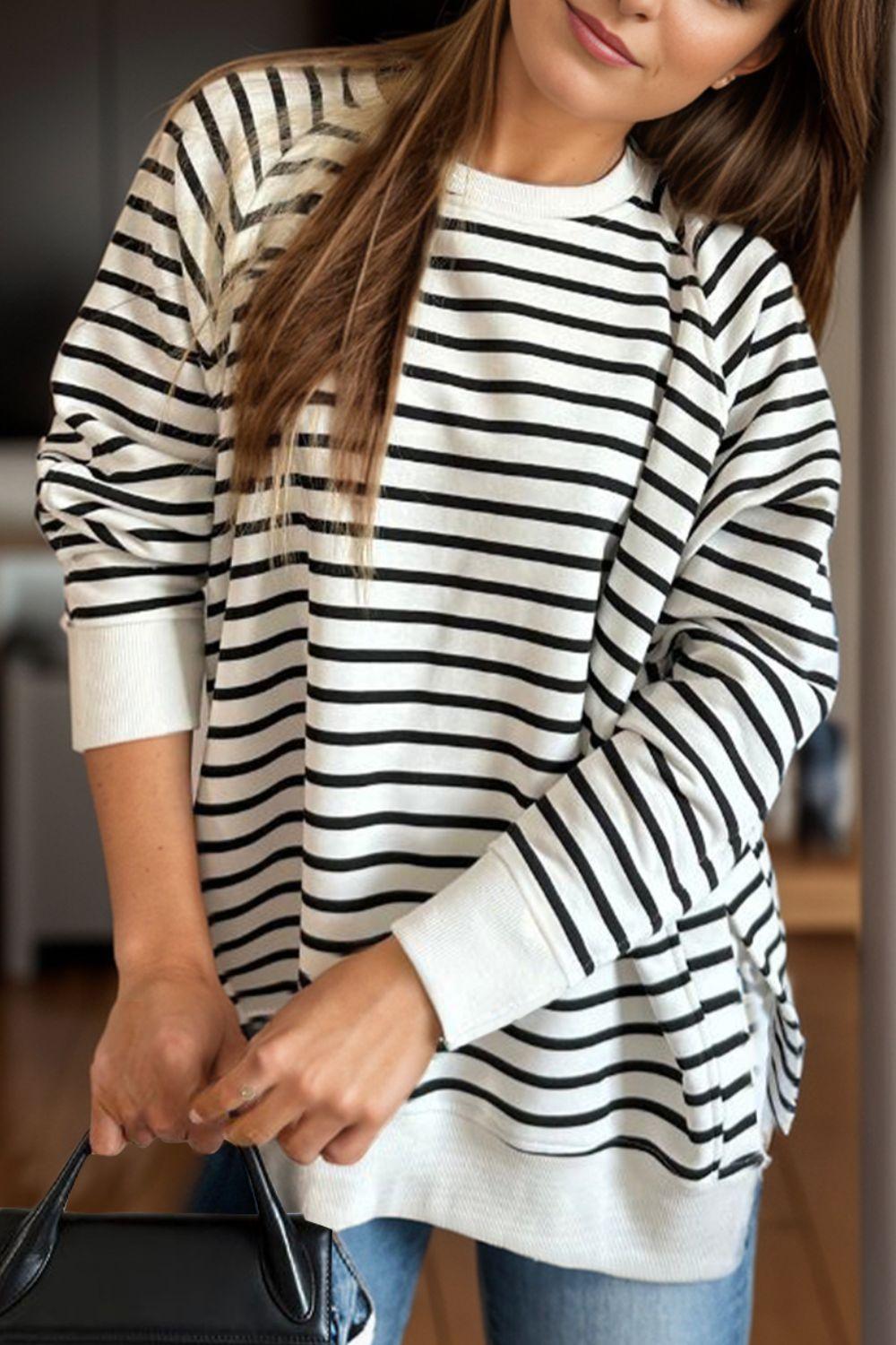 Slit Striped Sweatshirt Round Neck Long Sleeve Oversized Top Stripe 6408ed6e-124b-4399-a4e6-158697ea885d-Max Trendsi